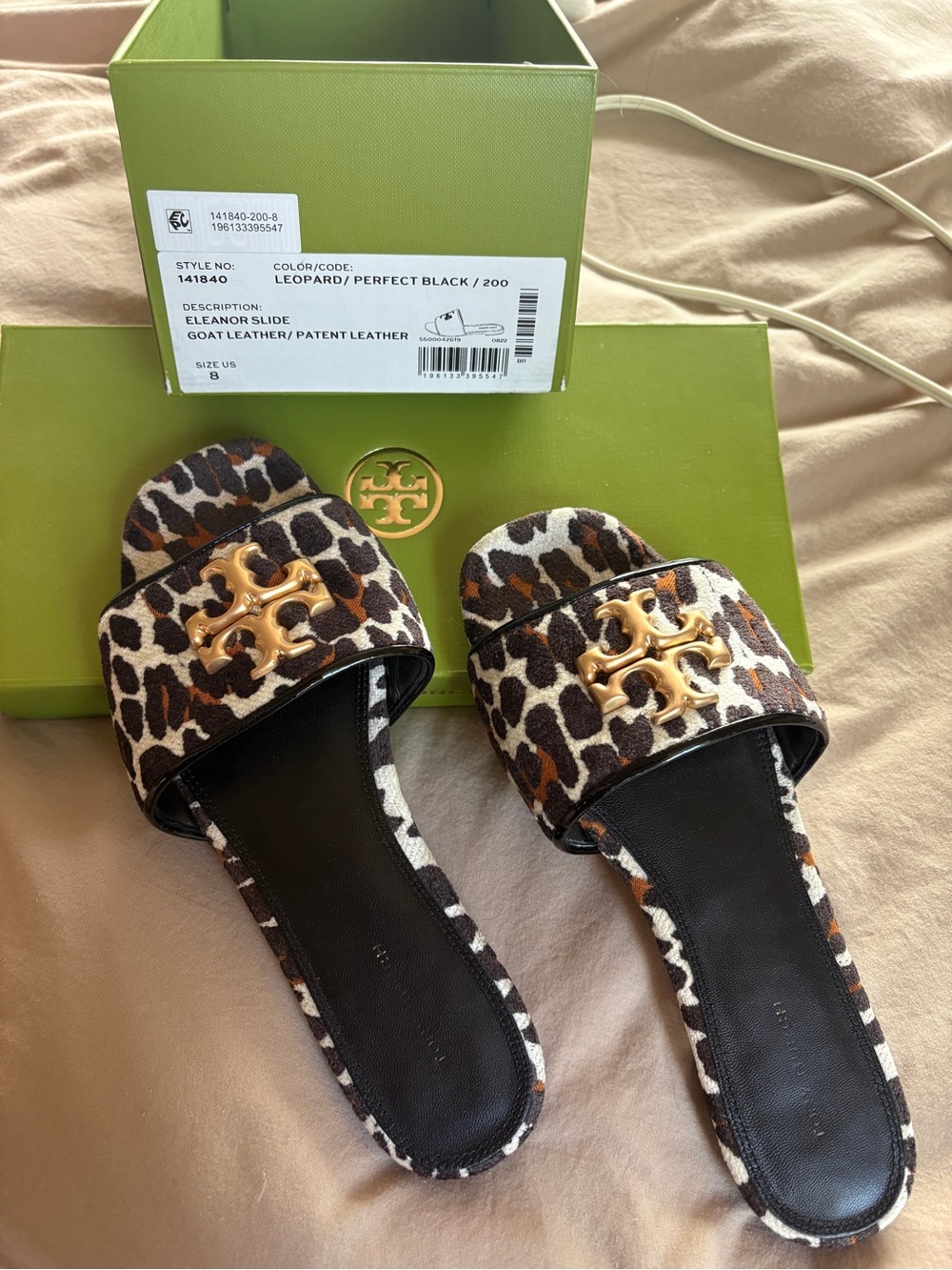 Tory Burch Leopard-Print Slide Mules with Gold Logo with dust bag